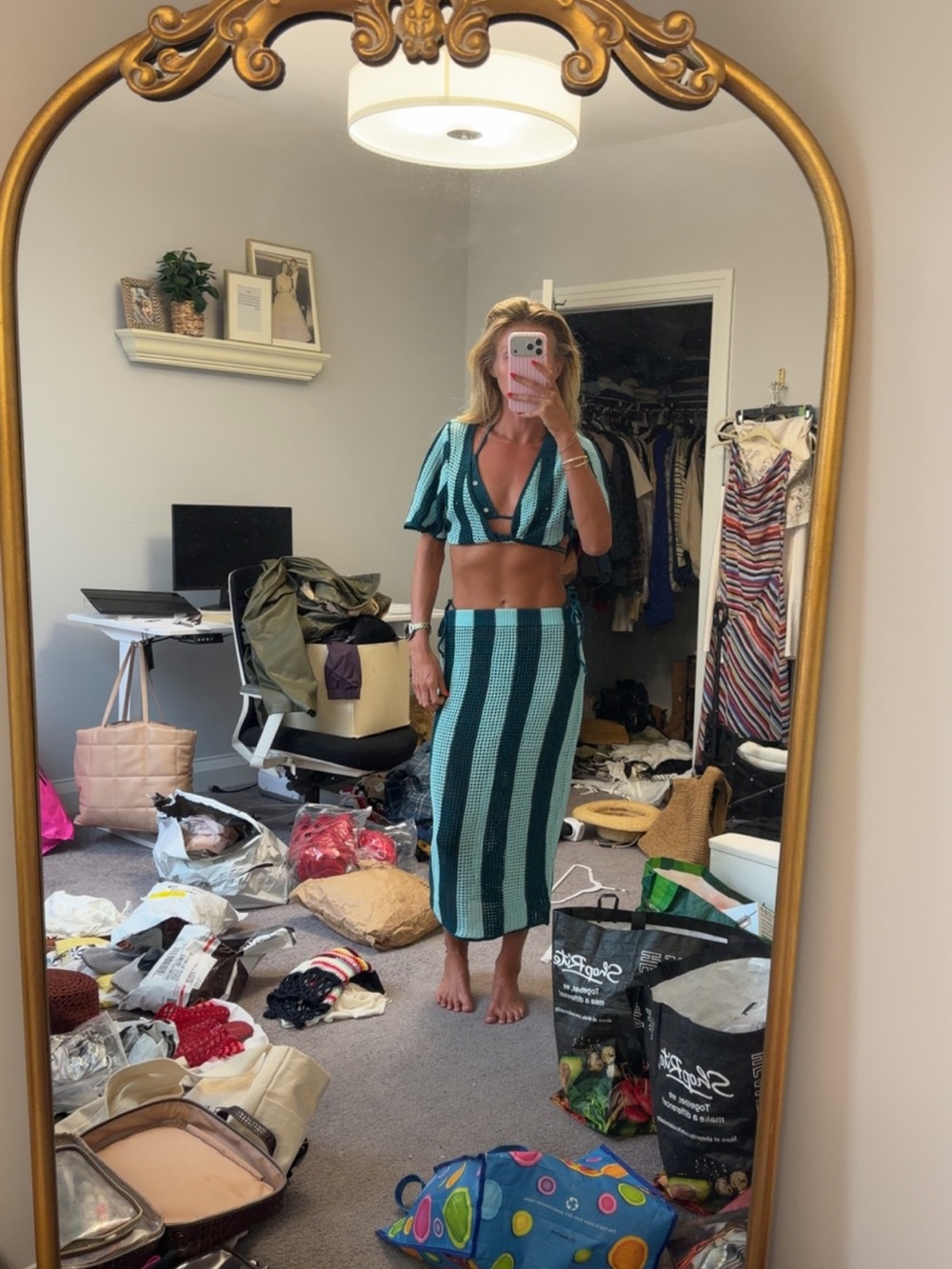 Striped Knit Midi Skirt in Teal and blue